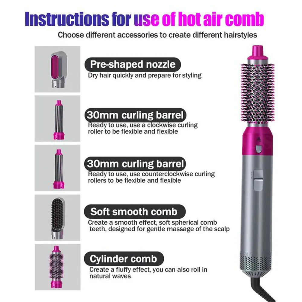 5-in-1 Professional Hair Dryer & Hot Comb Styling Set – Curling Iron, Hair Straightener & Multi-Styling Tool for Home Use